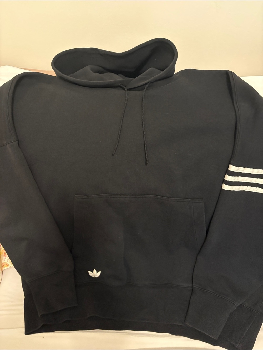 adidas Black Hoodie with White Sleeve Stripes and Trefoil